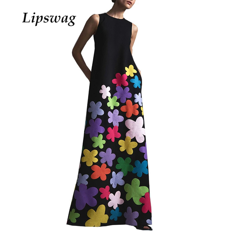 

Lipswag 2XL Floral Print O Neck Maxi Dress Women Summer Casual Sleeveless Boho Dress Elegant Flowers Femme Beach Dress Vestidos