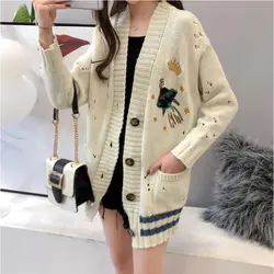 Корейский Для женщин свободный кардиган, пальто v-образным вырезом с длинным рукавом дизайн свитер куртка Симпатичные Sweet Girl Повседневное