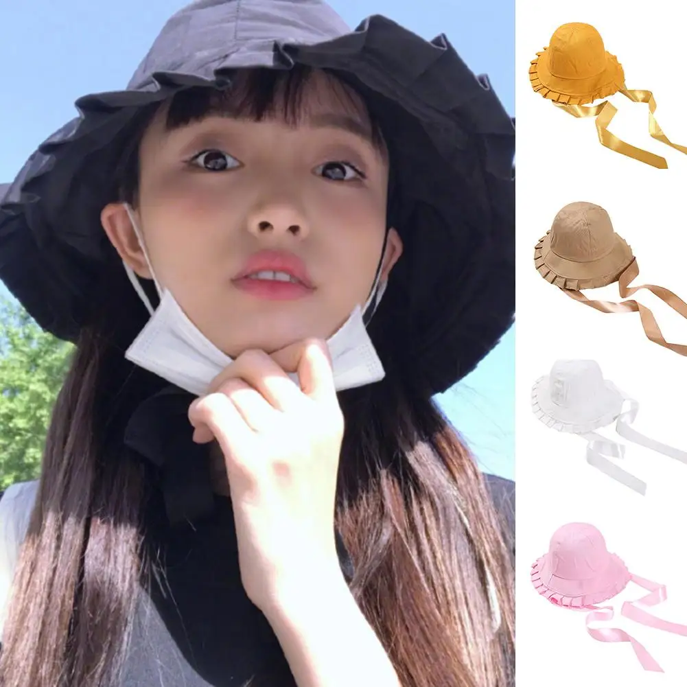 

New Fashion Vintage Summer Women Girl Ribbon Tie Sun Hat Beach Cap Fisherman Hat Sun Hat Wide Lace Brim Flounce Cap Outdoor Beac
