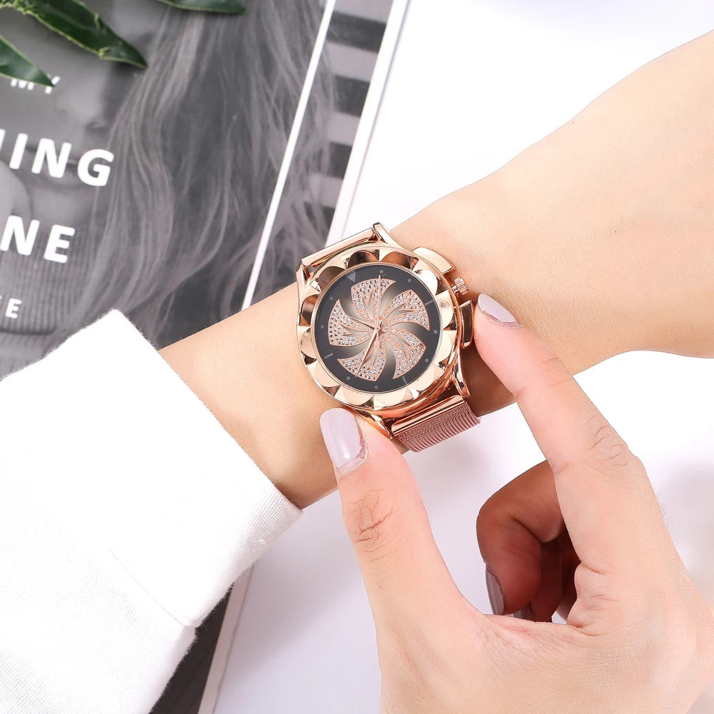

Drop Shipping Fashion Women Flower Rhinestone Wrist Watch Luxury Casual Rose Gold Steel Belt Quartz Watch Relogio Feminino