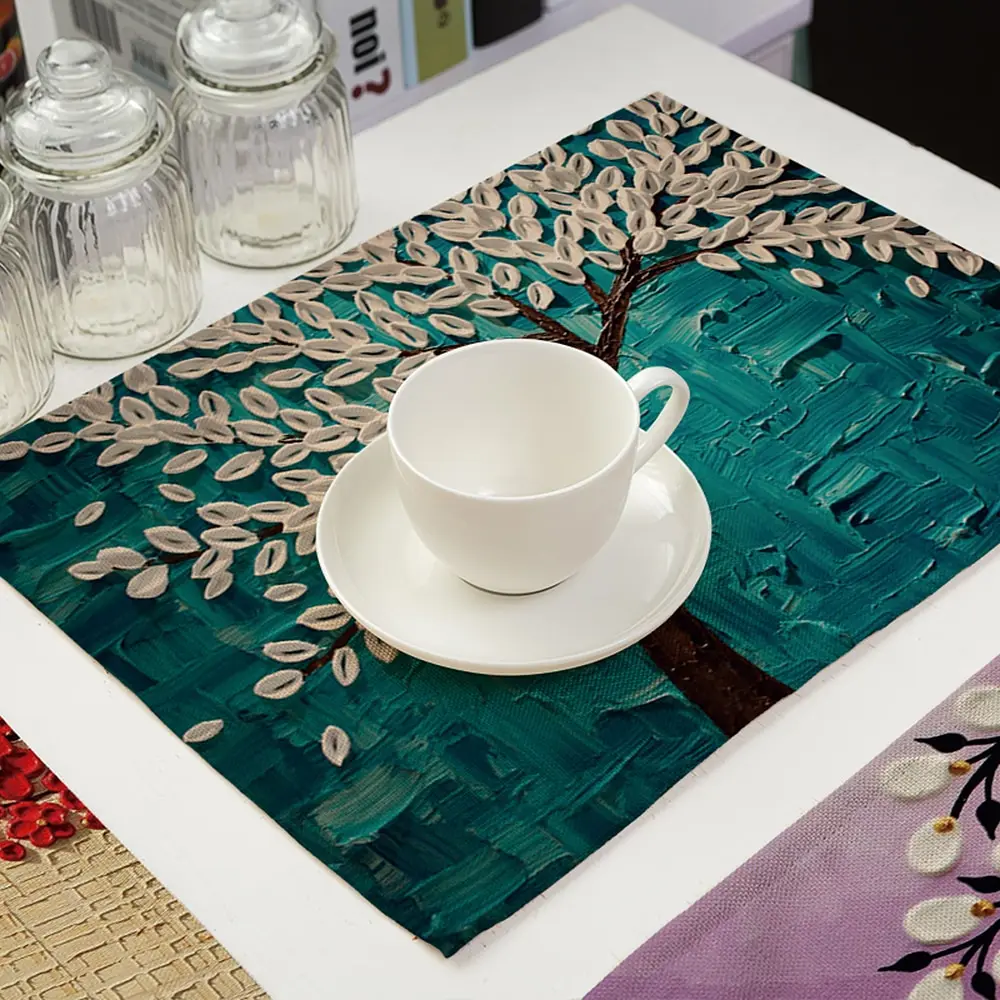 

Kitchen Table Mats Oil Painting Pattern Polyester Placemat Table Mat Bowl Coaster Dining Tableware Pad for Dining Table