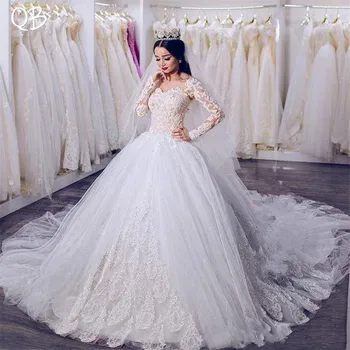 شراءفساتين زفاف إسلامية فاخرة بأكمام طويلة مزينة بالدانتيل والتول للأميرة من Vestidos De Novia مصنوعة حسب الطلب DW231