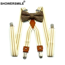 SHOWERSMILE Women Suspenders With Bow Tie Mens Suspenders Braces Beige Striped X Back 4 Clips Fashion Party Unisex Pants Strap striped bow tie split back top