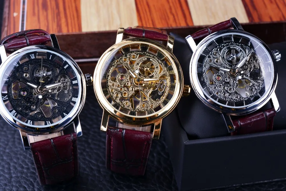 Winner Королевский каркасный коричневый кожаный ремешок прозрачный тонкий чехол дизайн скелет часы мужские роскошные Брендовые Часы для мужчин