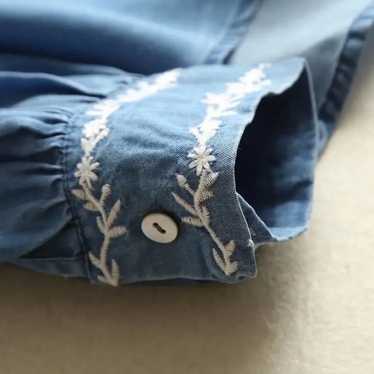 New Womens Blouse Vintage Denim Long Sleeve Single Breasted Shirt Embroidery Tops
