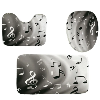 

4Pcs Home Bathroom Decor Set Note Pattern Toilet Seat Cover Bath Mat Set+ Waterproof Shower Curtain