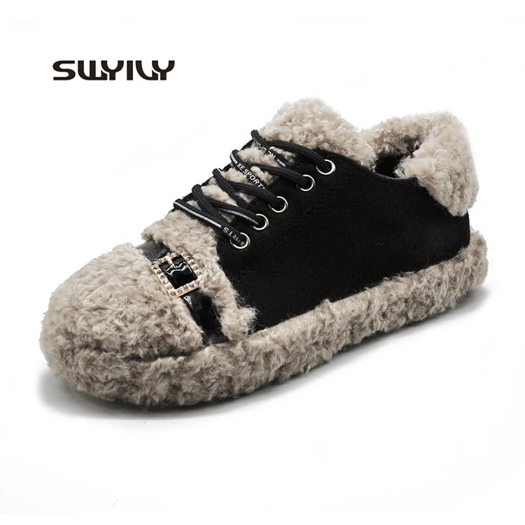 

SWYIVY Women Winter Sneakers 2018 Students New Lamb Cashmere Warm Ladies Flat Shoes Leisure Non-slip Soft Girls Winter Sneakers
