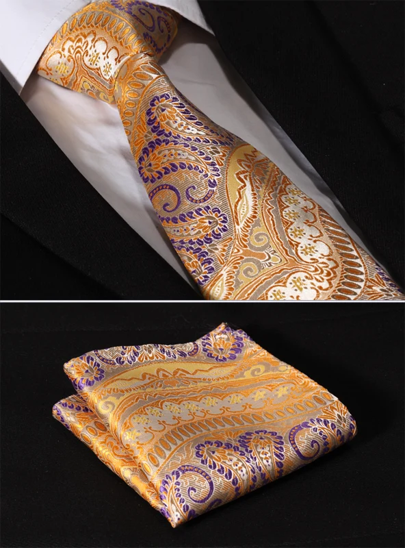 Свадьбу классического платок галстук tf3004n8s оранжевый фиолетовый цветочный 3.4 "шелковые ткани Для мужчин галстук платок Набор