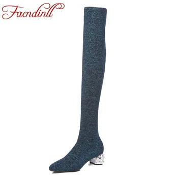 

FACNDINLL women long boots new sexy high qulaity high heels round toe woman black autumn over the knee high boots big size 34-43
