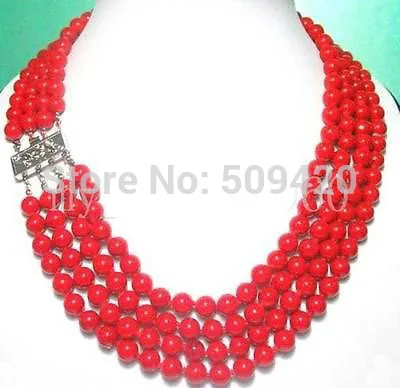 

W&O655 >>>>>BEAUTIFUL 4 STRANDS 8MM RED CORAL NECKLACE Women's Jewelry #@