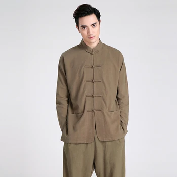 

Vintage Green Male Long Sleeve Shirt Chinese Men's Traditional Cotton Linen Kung Fu Tai Chi Shirt S M L XL XXL XXXL 2601