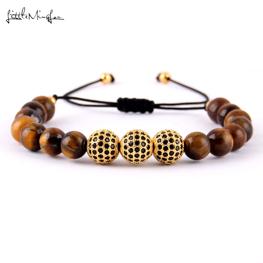 

Little MingLou 8mm Tiger Bead Knotting Bracelet Luxury Pave Black Zircon Balls Charm Men Bracelets & Bangles For Men Jewelry