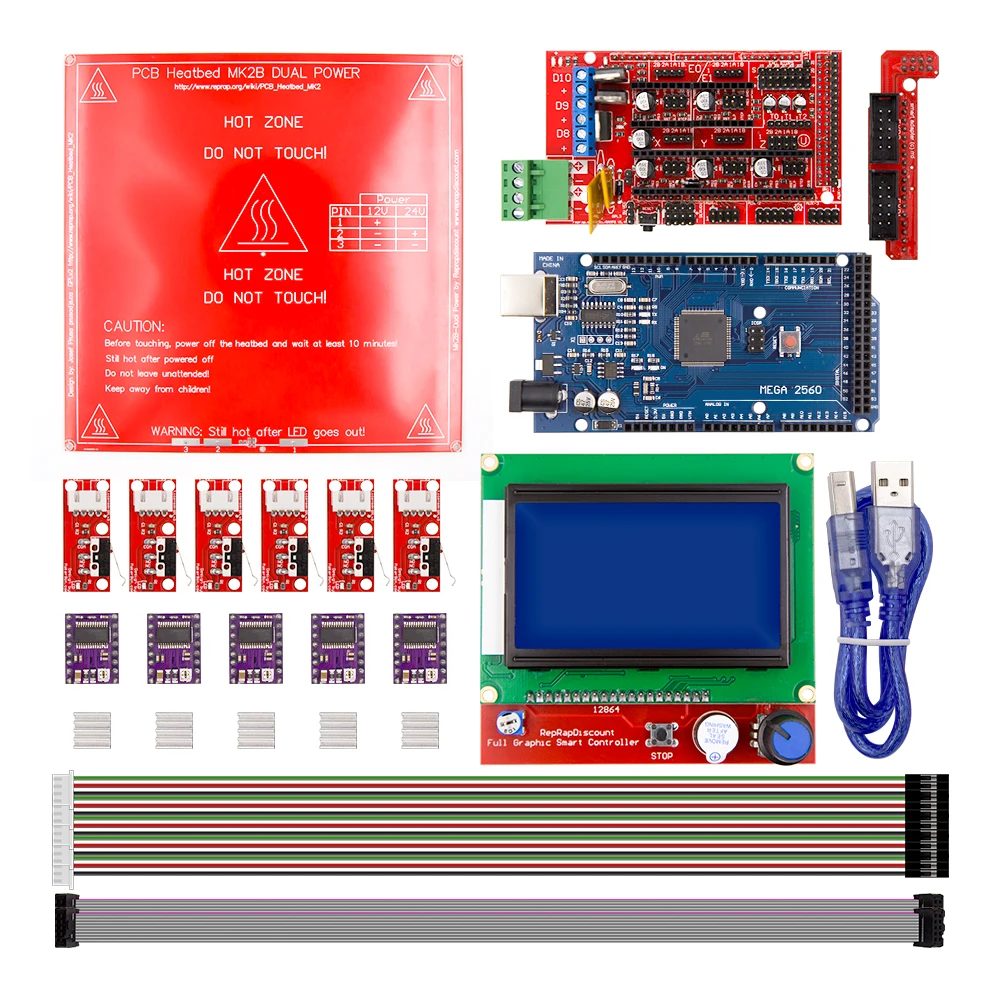 Комплект Reprap Ramps 1 4 с Mega 2560 r3 + heatкровать mk2b 12864 ЖК контроллер DRV8825 механический