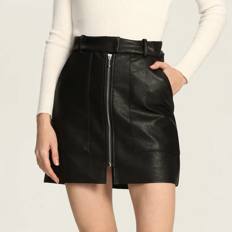 

2019 New Autumn Winter Women Casual A-Line Faux Leather PU Mini Skirts Female High Waist Short Pencil Skinny Skirt Bodycon Zip
