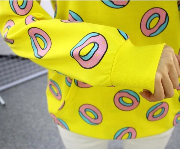  2018 Autumn Cute Donut Print Pullovers Women Hoodies Sweatshirts Yellow Unisex Sudaderas Mujer Fash