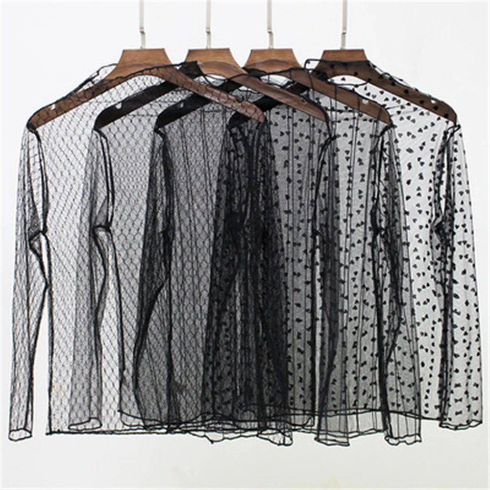 

Spring Summer Sexy Mesh Blouses See-through Long Sleeve Women Lace Blouses Shirt Women Tops Black Dot Star Striped Shirt Blouse
