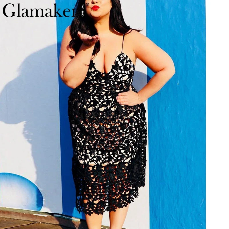 

Glamaker Plus size strap vintage lace backless dress Women high waist v neck midi dress summer Female sexy party dress vestidos