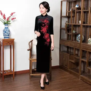 

Sexy Long Cheongsam 2019 Spring Vintage Chinese style Dress Fashion Womans Velour Qipao Slim Party Dresses Button Vestido
