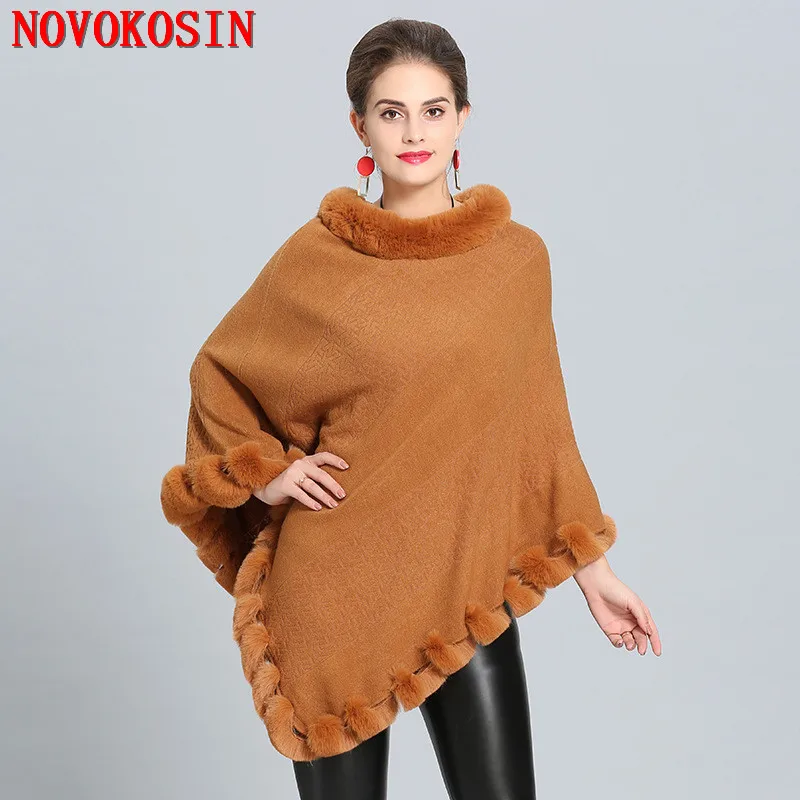 Women Capes Solid Poncho Winter Faux Rabbit Fur Neck Shawl Knitted Triangle Knurling Cappa Plus Size Pullover Coat 