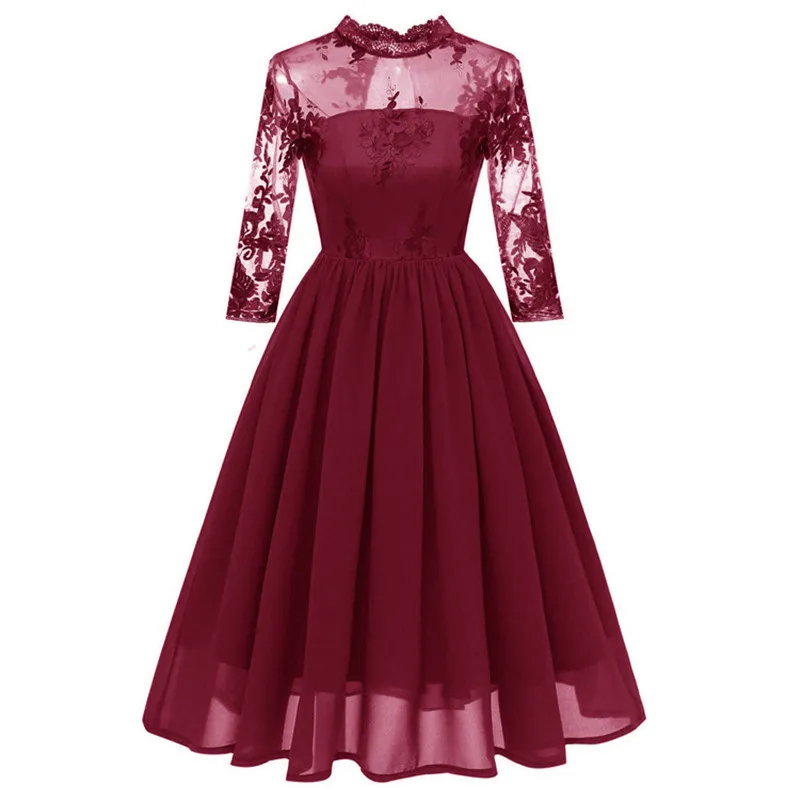 

Women Chiffon Embroidery Dress Hollow out Stand Collar 3/4 Sleeve Mesh Patchwork Dress Vintage Elegant Draped Dress Vestidos