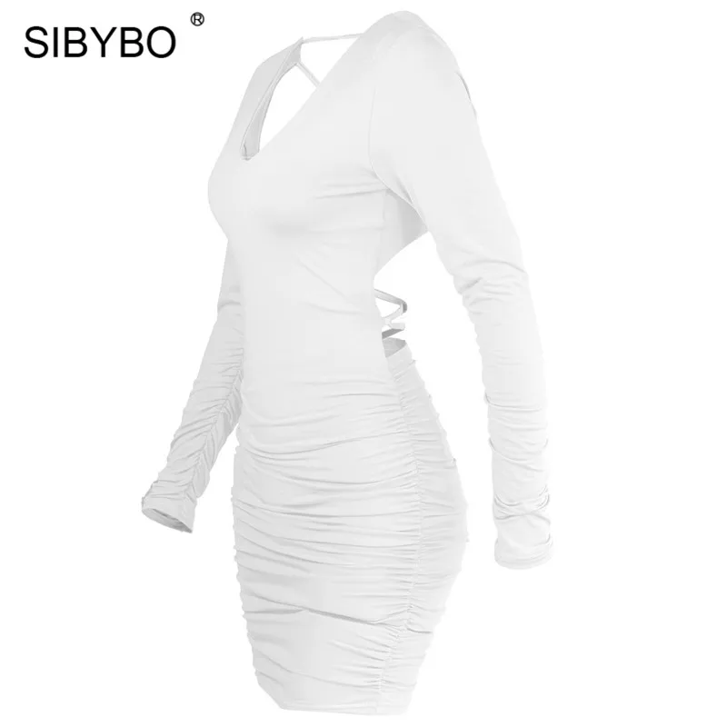 Женское Плиссированное мини платье SIBYBO обтягивающее с длинным рукавом V образным