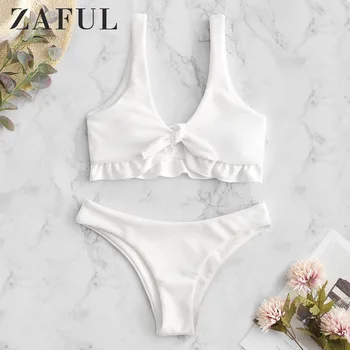 

ZAFUL Ribbed Ruffle Plunging Bikini Swimwear Women Padded Push Up Basic Bikini Sweet Bathing Suit 2019 Wire Free Classic Bikini