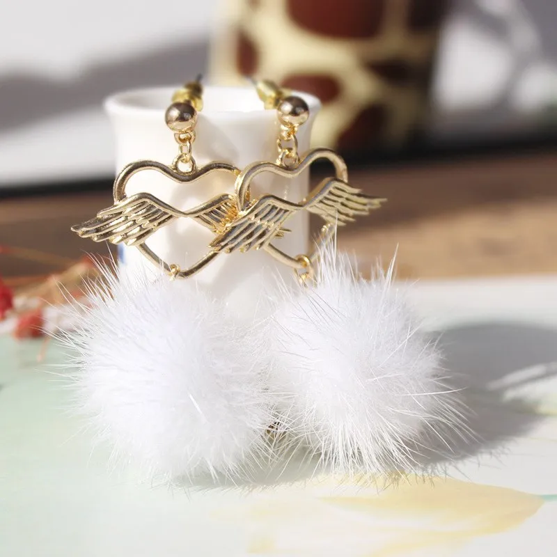 Women Fashion Unique Soft Fur Ball Long Earrings Ear Dangle Jewelry Angle Wings Earring | Украшения и аксессуары
