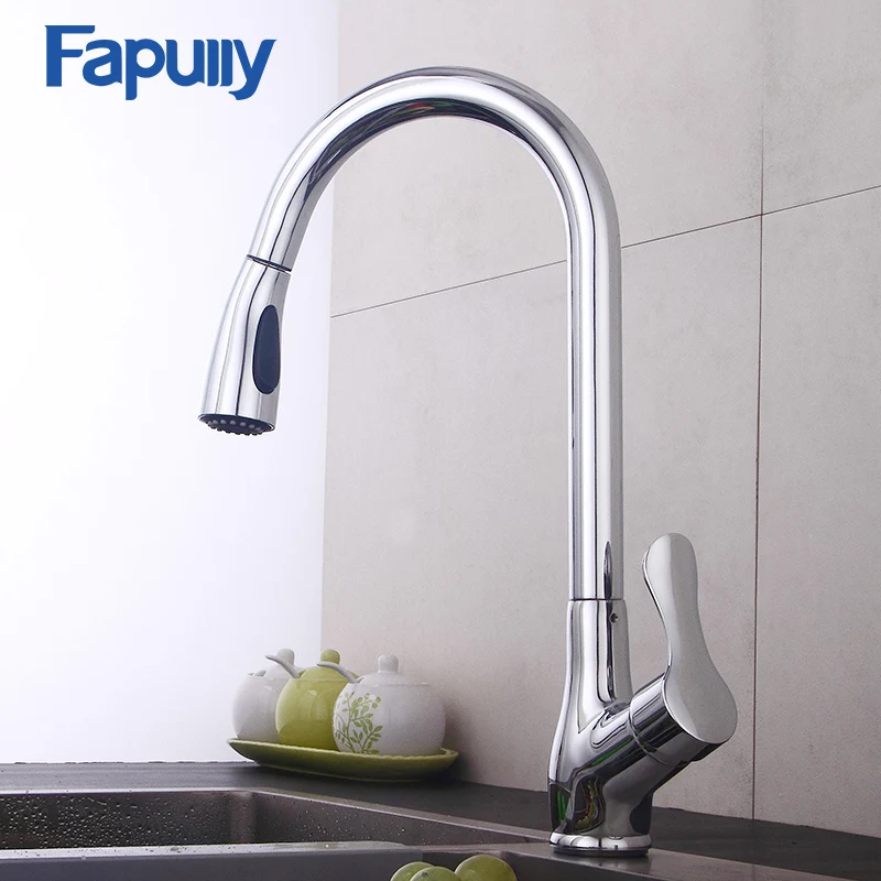 

Fapully Kitchen Faucet Pull Out Deck Mounted Mixer Tap Chrome Polished Single Handle Hole Flexible Kitchen Tap