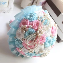 BRITNRY Великолепный Кристалл Свадебный букет ручная работа из атласа брошь-роза букет синий с розовым букет невесты реальные фотографии