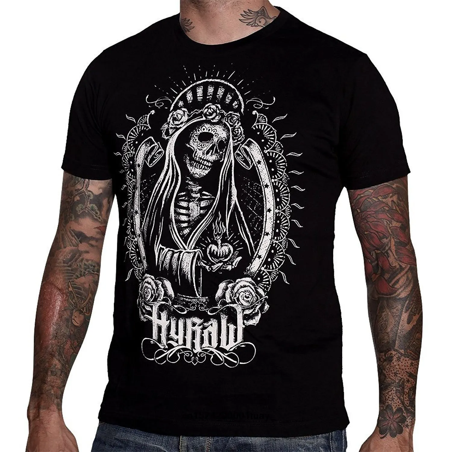

Hyraw Dia De Los Muertos Day of the Dead Skeletons Tattoo Santa Muerte MenT-Shirt