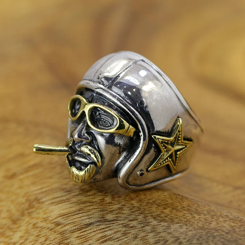 

LouLeur Route 66 Gothic harley Motorcycle Rings for Men 925 sterling silver Wearing helmet smoking rings Punk rock Jewelry gift