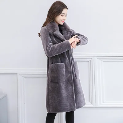Овечья стриженая куртка с воротником из лисьего меха, женские длинные пальто, зимнее теплое толстое шерстяное плюшевое пальто, большой размер, Женская куртка из искусственного меха, пальто - Цвет: dark grey