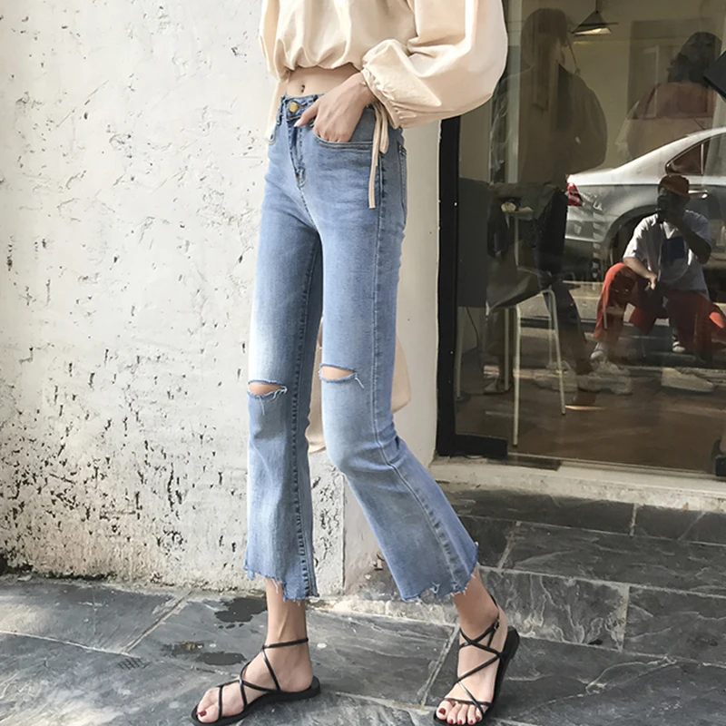 2019 modis spring summer Slim high waist sexy irregular ladies jeans Wide leg pants Korean nine bell bottom mom jeans women