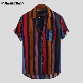 

Summer INCERUN Mens Shirt Striped Short Sleeve Streetwear Vintage Tops Breathable Casual Hawaiian Shirts Camisa Masculina S-5XL