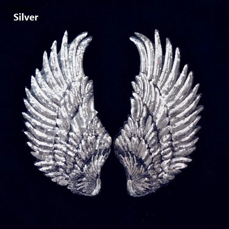 

Gold/Silver Paillette Wings Sequined Patches Applique clothes accessories Iron-on Patches badge 19cm*35cm Two pair/Lot