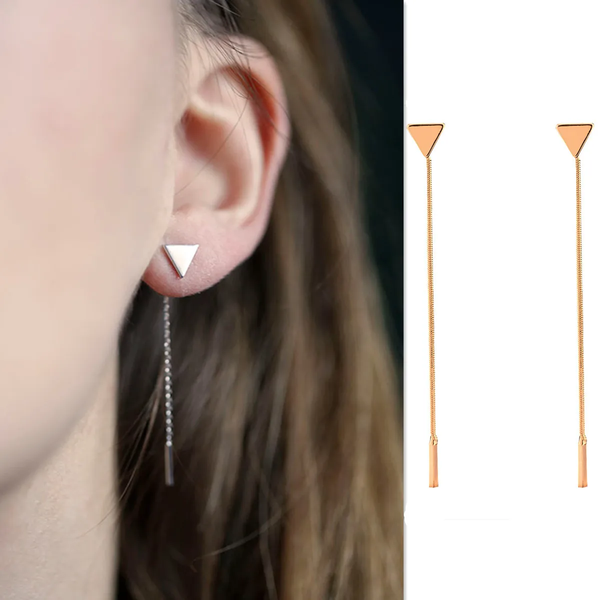 

European And American Trade European Minimalist Style Metal Glossy Geometric Triangle Earrings Tassel Chain