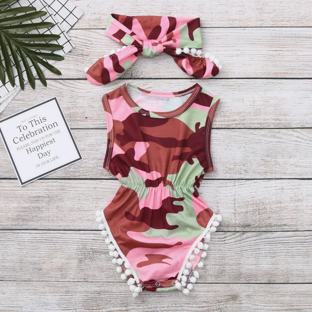 

Infant Baby Camouflage Print Jumpsuit Romper Bodysuit Sunsuit+Headband Outfits Infant Bikini Bath One Pieces swimmer toddler