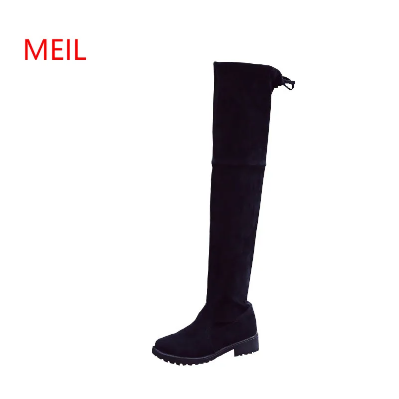 

2018 Chunky High Heel Over Knee Boots Womens Laces Knee High Boots Woman Faux Suede Flock Shoes Black Female Winter Boots Women