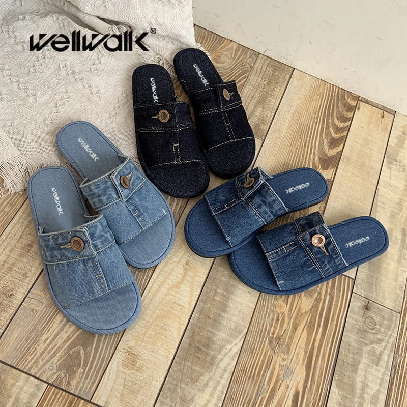 

Wellwalk Denim Indoor Slippers Ladies Flat Home Shoes Women Slip On Loafer Female Casual Sliders Round Toe Button Slipper Casual