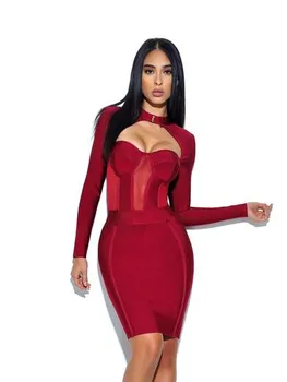 

2018 Choker Red Bandage Women Dress Hollow Out Long Sleeve Full Zipper Back Dresses Royal Mini Club vestido