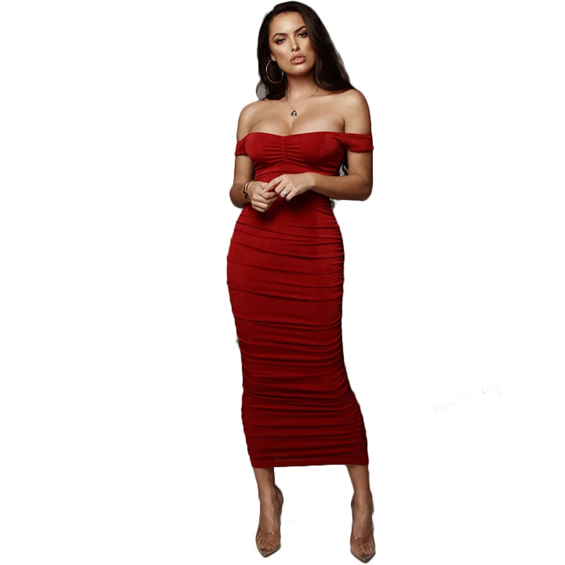 

Summer new women's pleated sexy dress word collar off-the-shoulder dress pink yellow red black dress