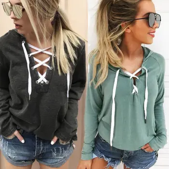 

Solid Long Sleeve Hoodies Women Fashion Hoodies Lace Up V-neck Loose Tops Bandage