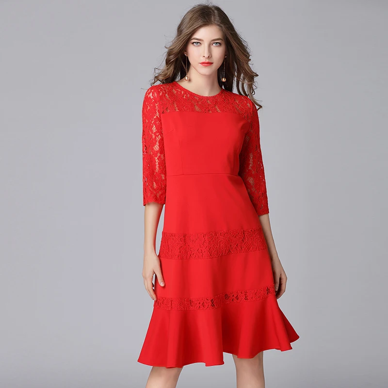 

2019 fashion women lace patchwork ruffles dresses plus size spring summer O neck women lace A-line casual dress red color