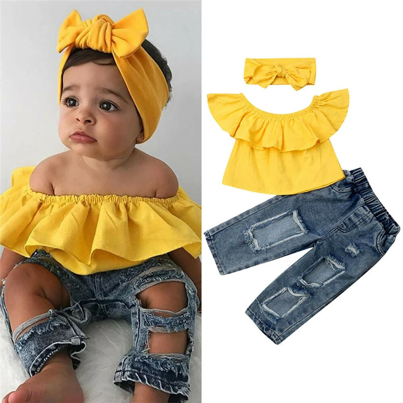 

2019 Brand 3Pcs Toddler Kids Baby Girls Off Shoulder Tops Ruffle Blouse Denim Hole Pants Outfits New Fashion Summer Clothes New
