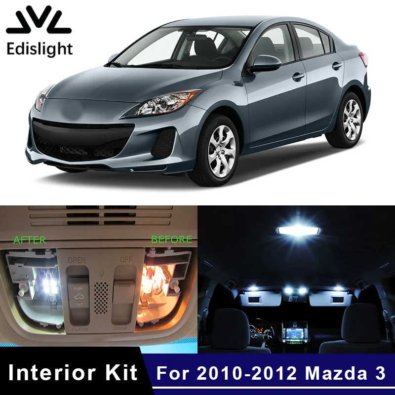 Edis светильник, 9 шт., белый, светло-голубой светодиодный светильник, автомобильные лампы, интерьерная посылка, комплект для 2010-2012 Mazda 3, карта, купол, багажник, номерной знак, светильник