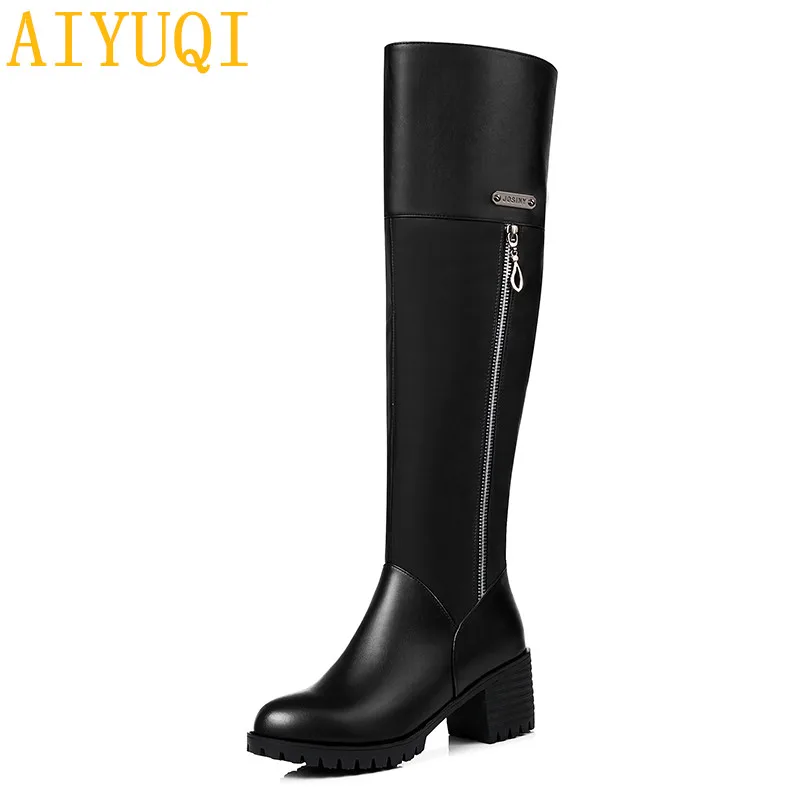 

AIYUQI 2019new genuine leather women over knee boots,heels dress shoes woman luxury crystal, big size 42 43 women winter boots