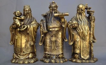 

China Brass Folk Wealth Life Longevity God Ruyi Fu Lu Shou Fukurokuju Statue Set
