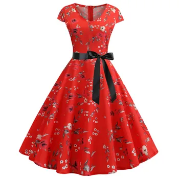 

2019 Women Summer Red Floral Dress 50s 60s Vintage Casual Elegant Print V Neck Party Work Office Dress Retro Rockabilly Vestidos