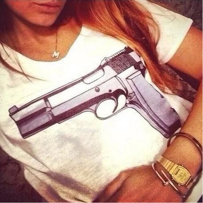 

New LJ 2 Colors Brand Women T-shirts With Printed Gun Short Sleeve T shirts Stretch Tees Tops WMT27