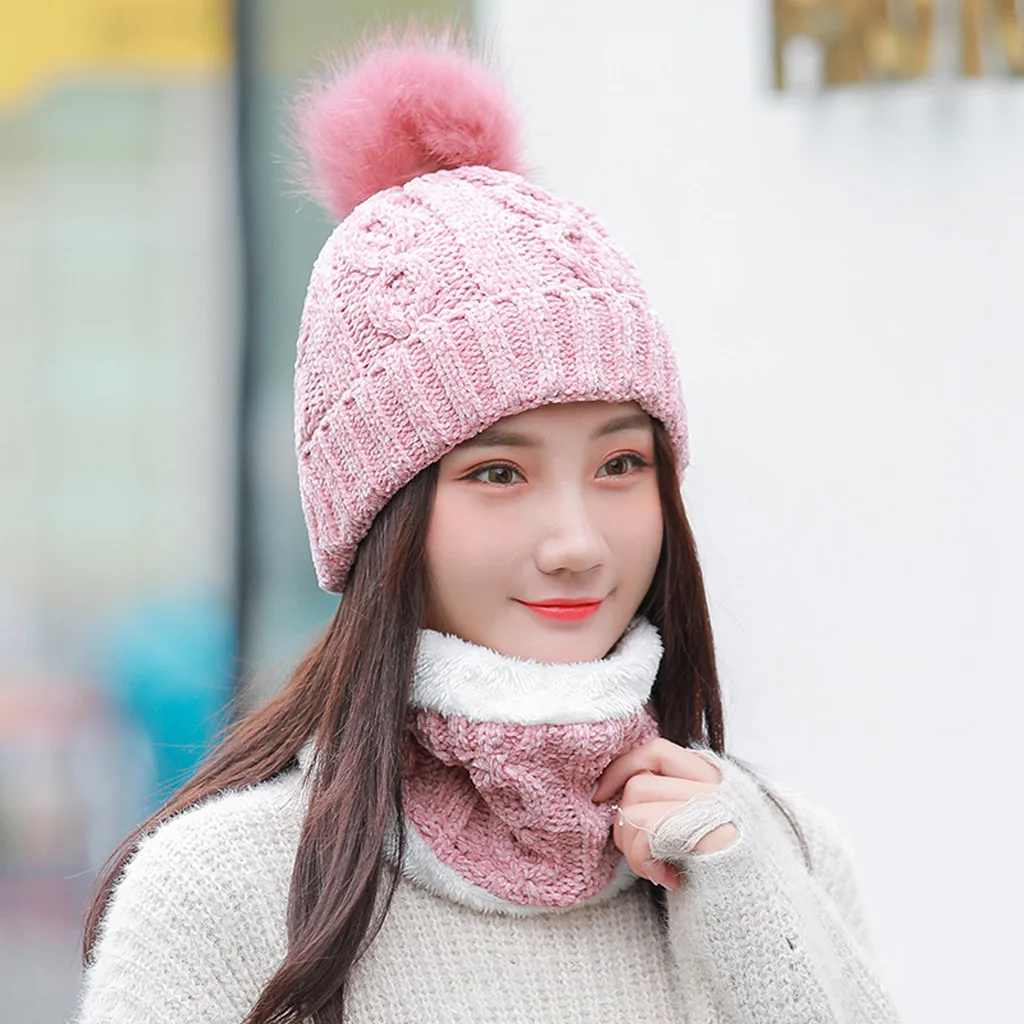 KLV 2019 недавно 2 шт. для женщин зимние теплые трикотажные Venonat шапка бини + шарф утепленная одежда комплект 11,15